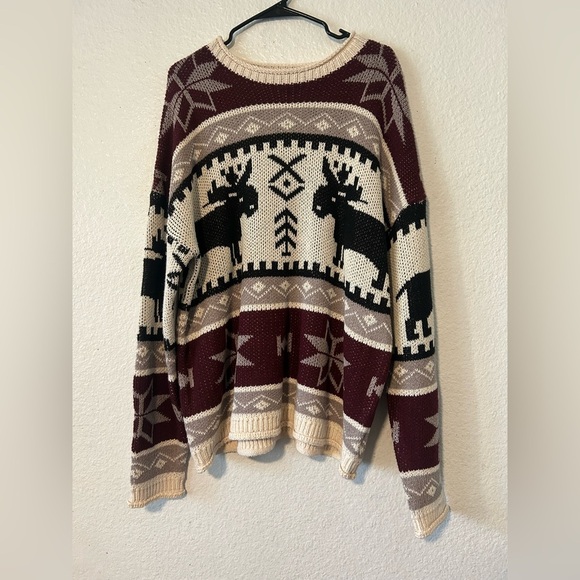 idea series Sweaters - Idea Series Maroon and Beige Moose‎ Sweater  Small Silk Acrylic Blend Oversized